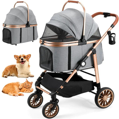 Poussette pour chien pliable gris, capote avec fenêtre en maille, grandes roues
