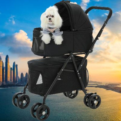 Poussette pour chien PetStroller noire avec chien blanc, capote et harnais visibles