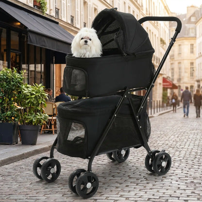 Poussette PetStroller noire avec chien blanc, panier arrière et capote ouverte