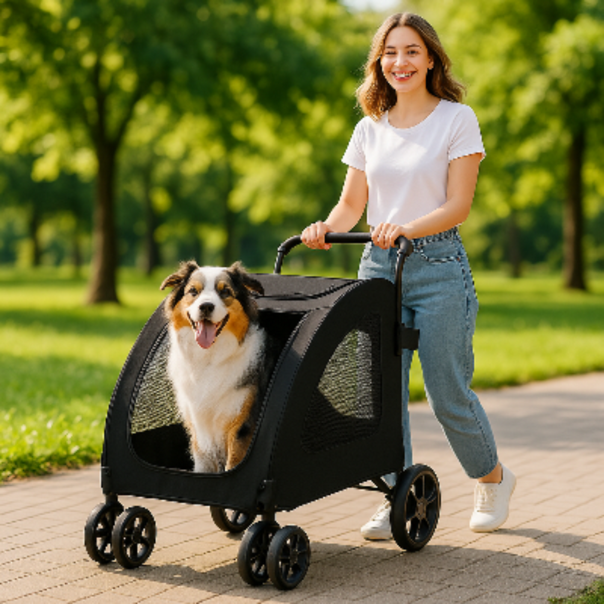 Poussette pour chien noire avec ouverture frontale en maille et guidon arrière