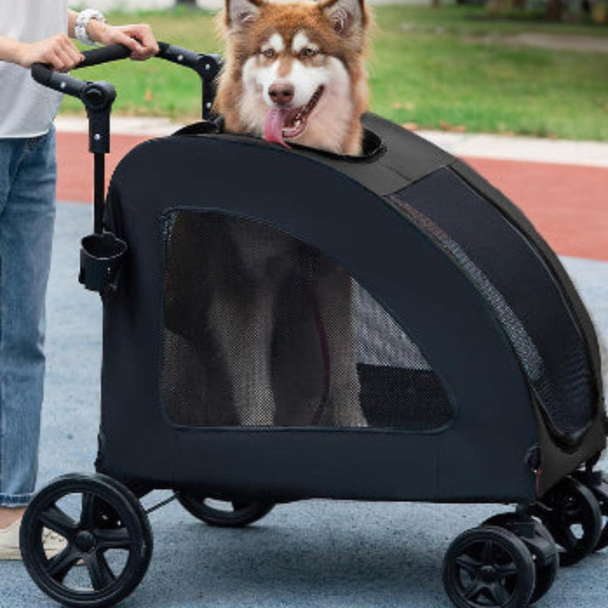 Poussette pour chien tout-terrain noire avec fenêtre en maille et roues pivotantes