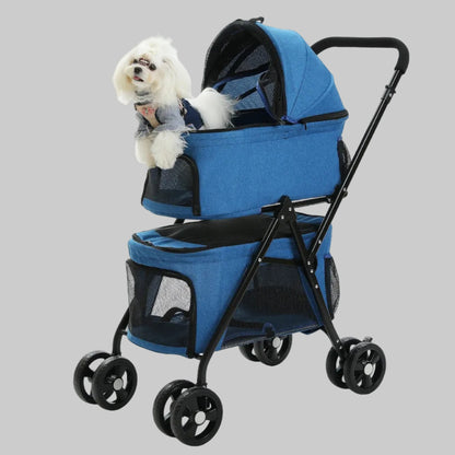 Poussette pour chien bleue à toit en filet noir et chien blanc dans le panier