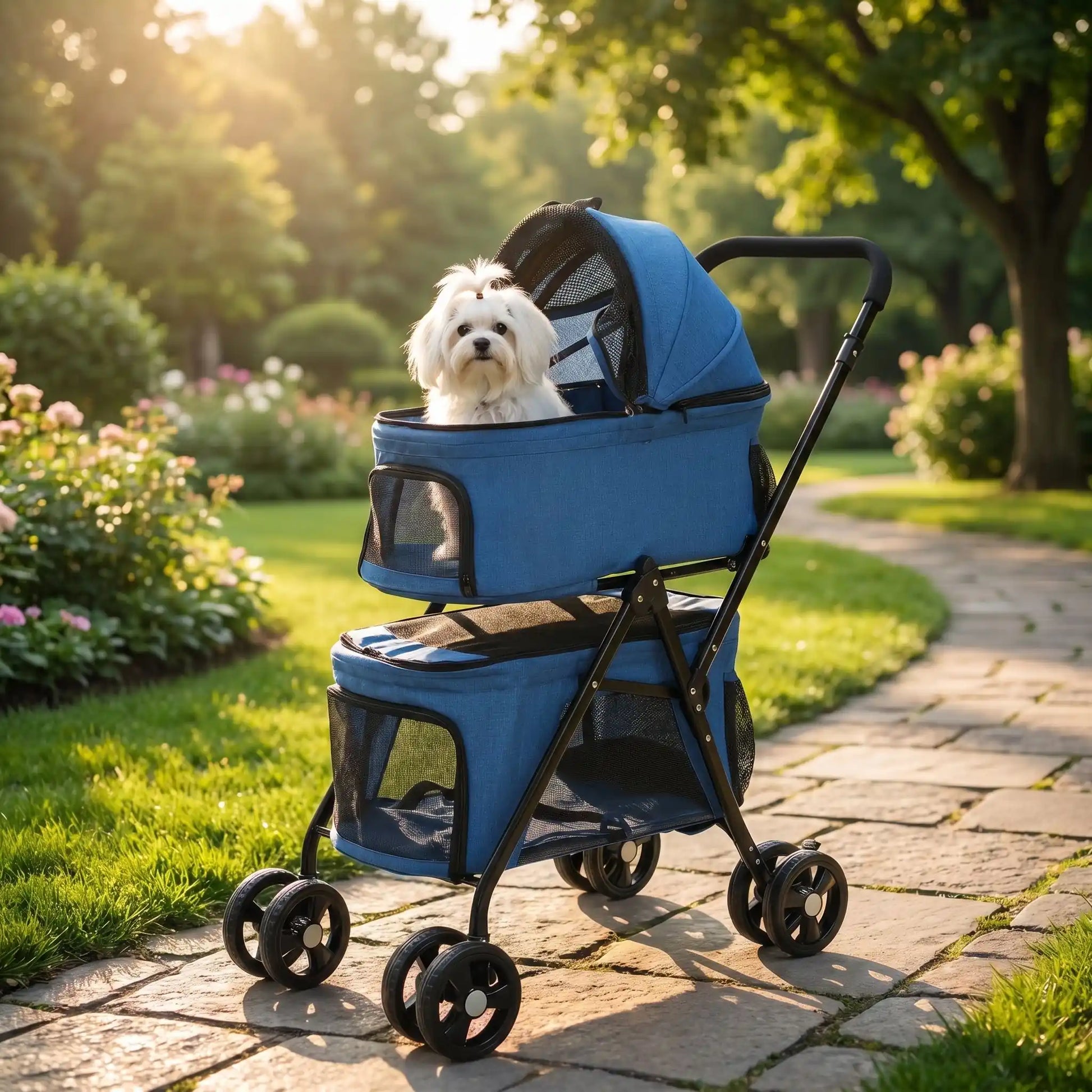 Poussette pour chien bleue avec capote en filet, fenêtres latérales et roues pivotantes