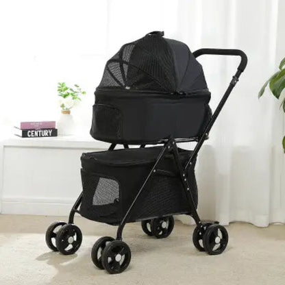 Poussette PetStroller noire avec auvent et panneau en filet sur le côté