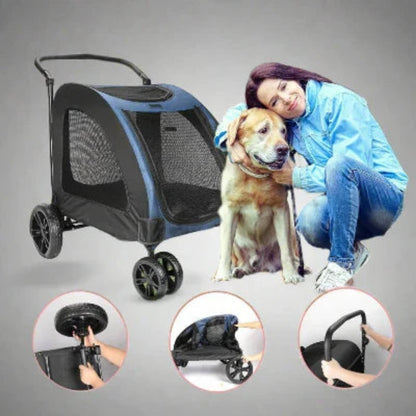 Poussette pour chien StrollyPet bleu avec capote en maille et roues pivotantes