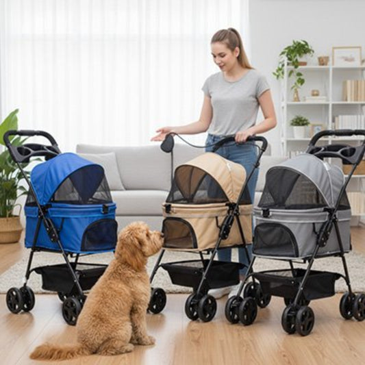 Poussette pour chien PetComfort, cabines bleu, beige et gris, cadre noir