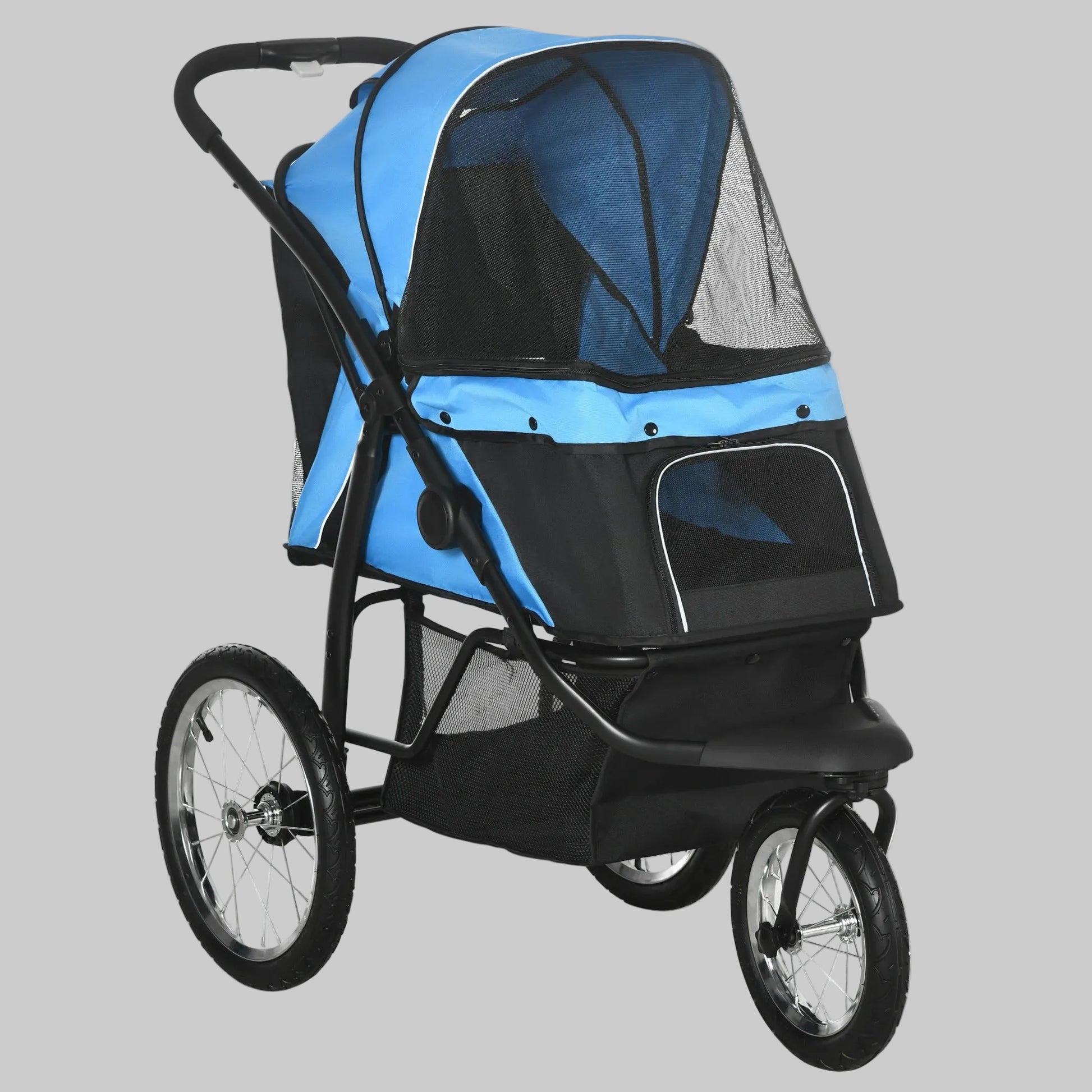 Poussette 3 roues pour chien, capote bleue et panneaux en maille noire