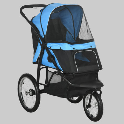 Poussette 3 roues pour chien, capote bleue et panneaux en maille noire