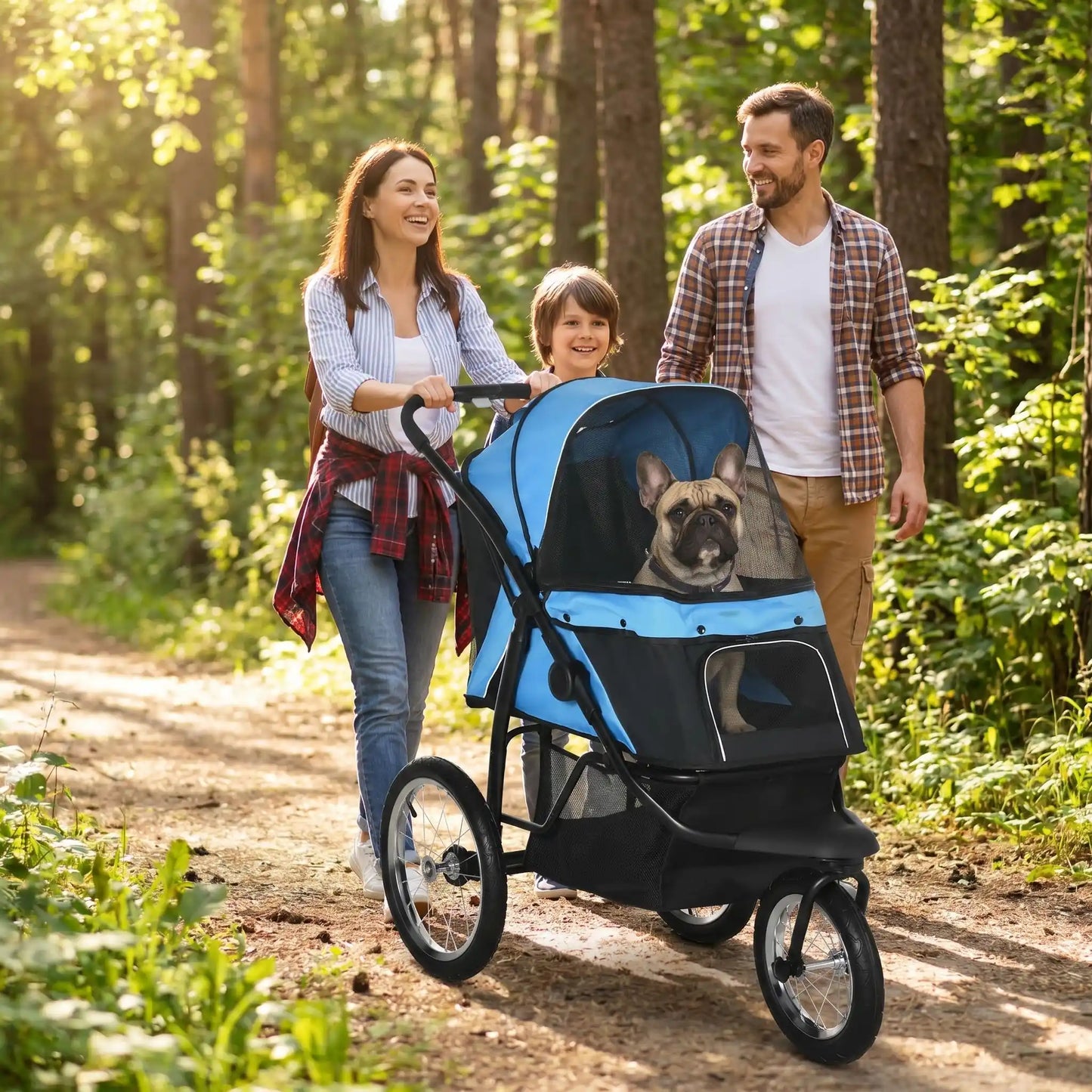Poussette 3 roues pour chien, capote bleue, fenêtre avant et panneau arrière