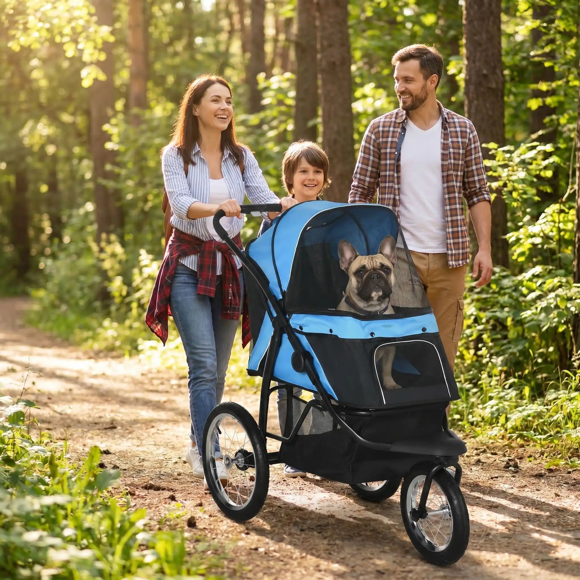 Poussette 3 roues pour chien, capote bleue, fenêtre avant et panneau arrière