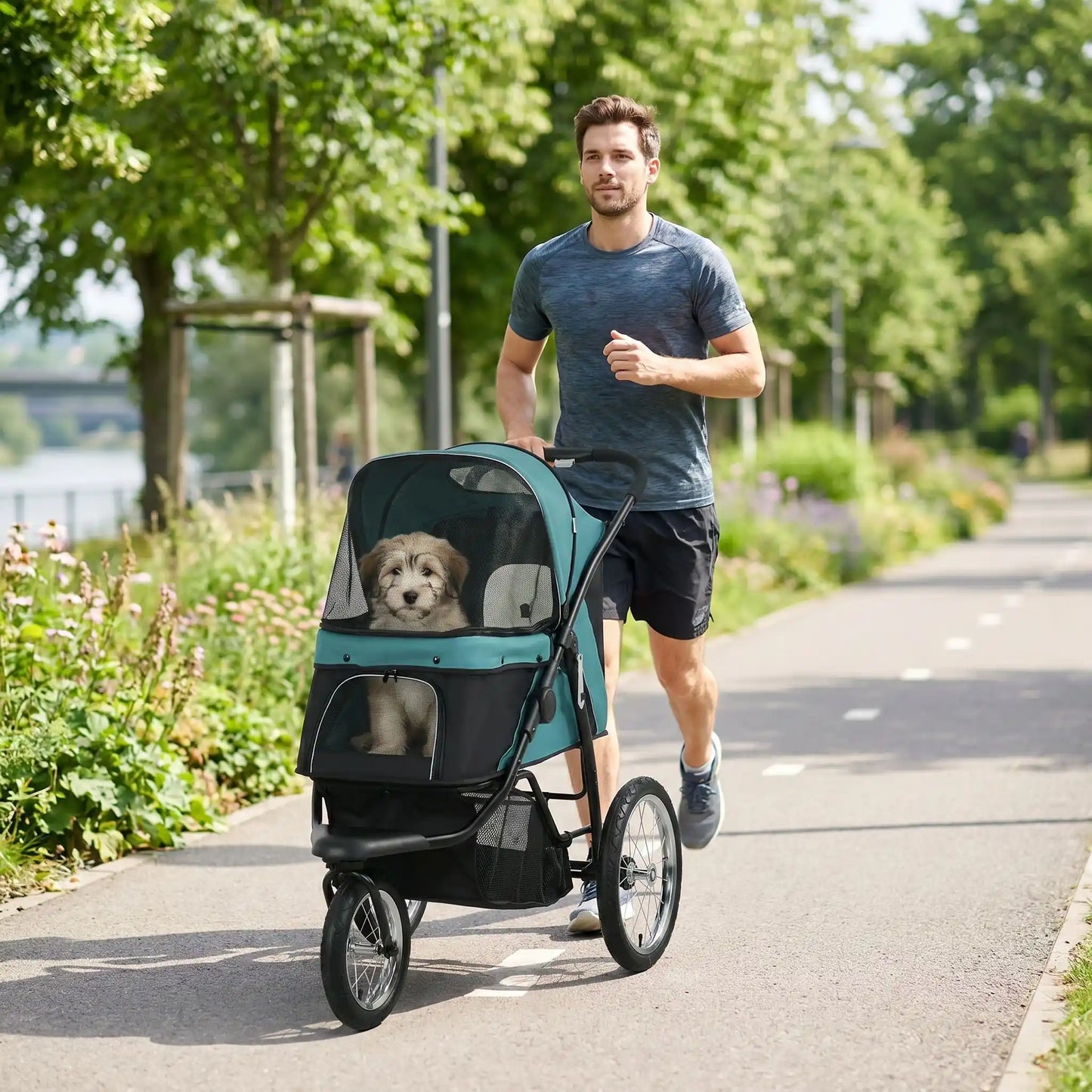 Poussette 3 roues pour chien, capote vert d’eau et fenêtre avant en tissu