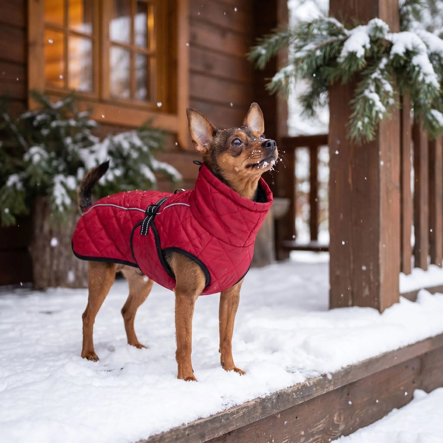 Manteau pour chien matelassé rouge, col chaud et ouverture pour pattes