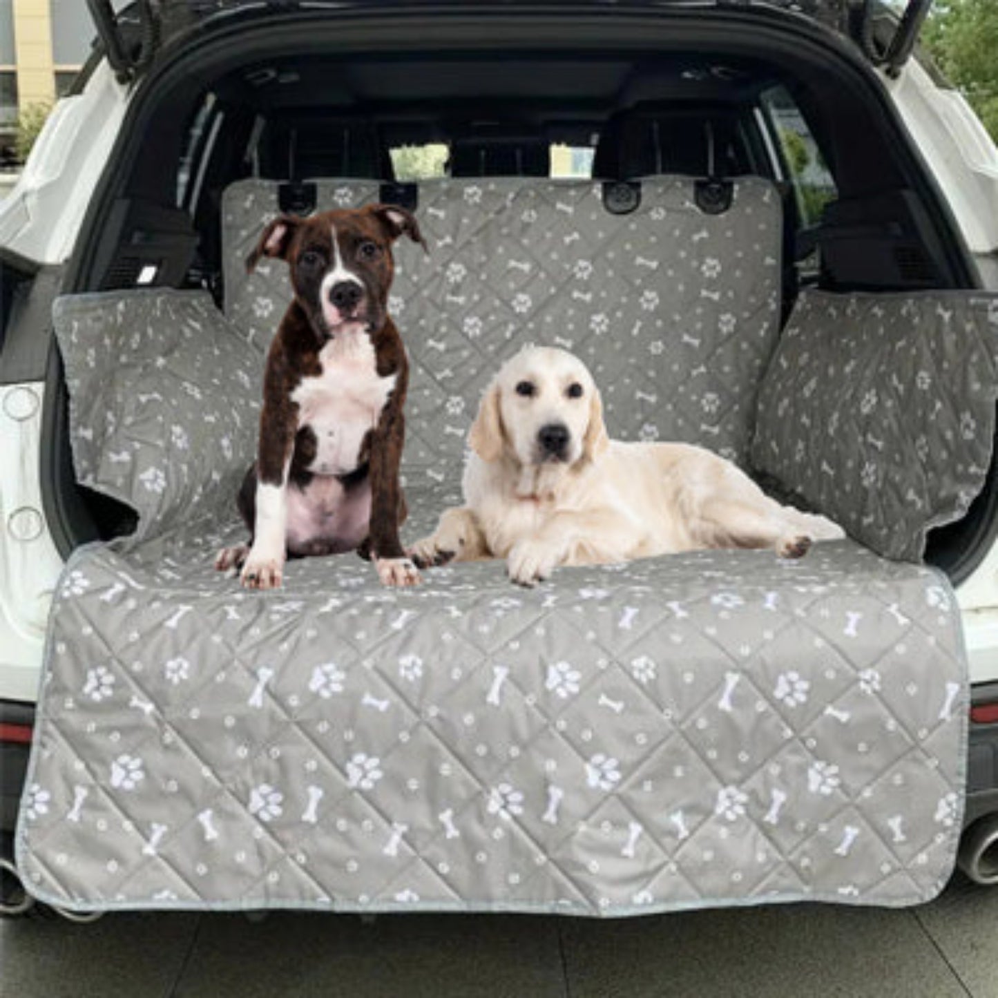 Housse SUV imperméable grise pour chien, banquette rembourrée à motifs pattes et os