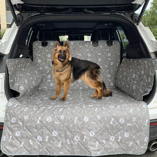 Housse SUV imperméable gris pour chien, motifs pattes et os, côtés rembourrés