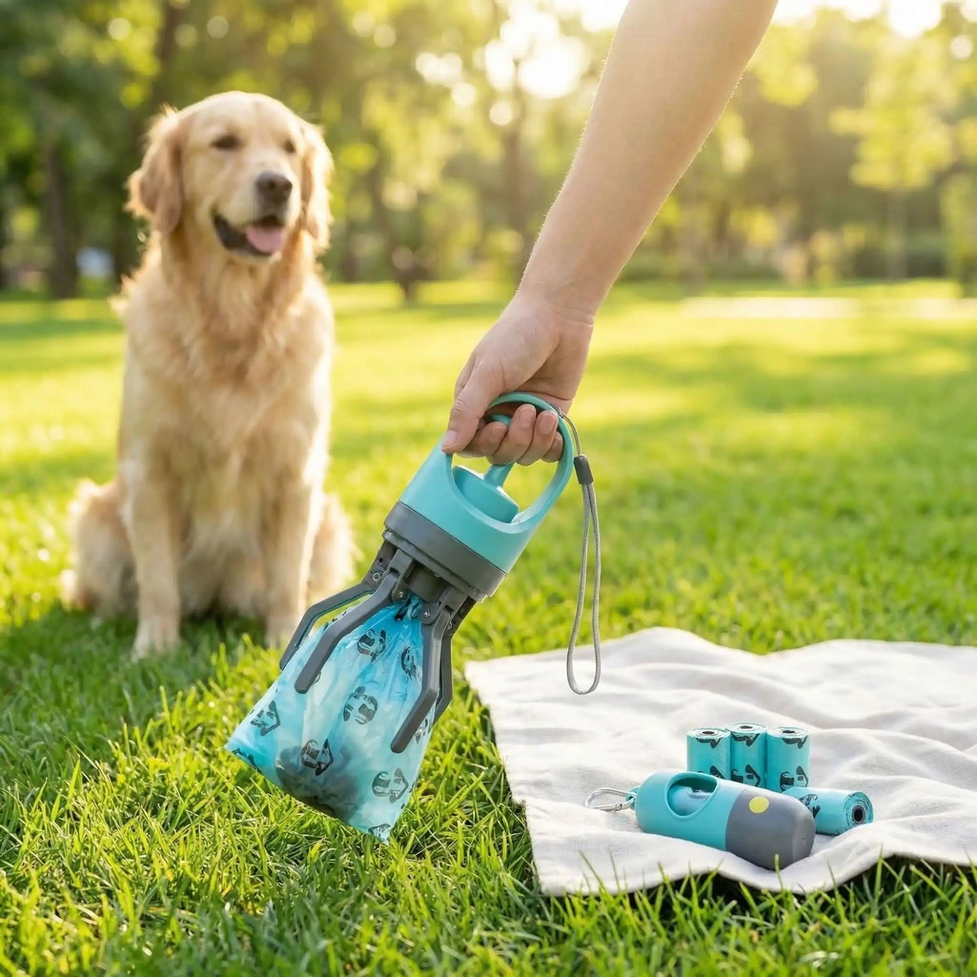 Ramasse-crottes pour chien bleu turquoise avec rouleaux de sacs sur serviette