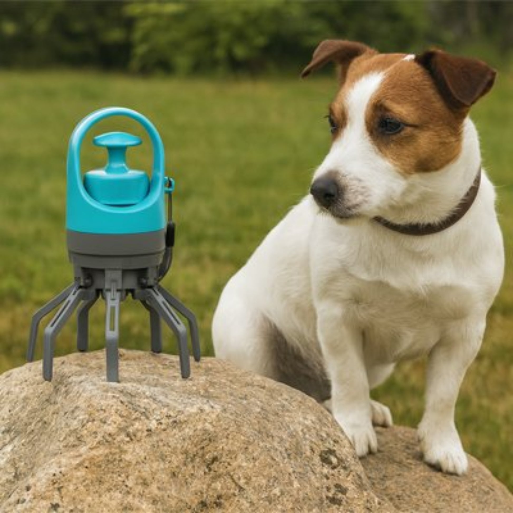 Ramasse-crottes pour chien bleu turquoise sur support, couvercle à clapet