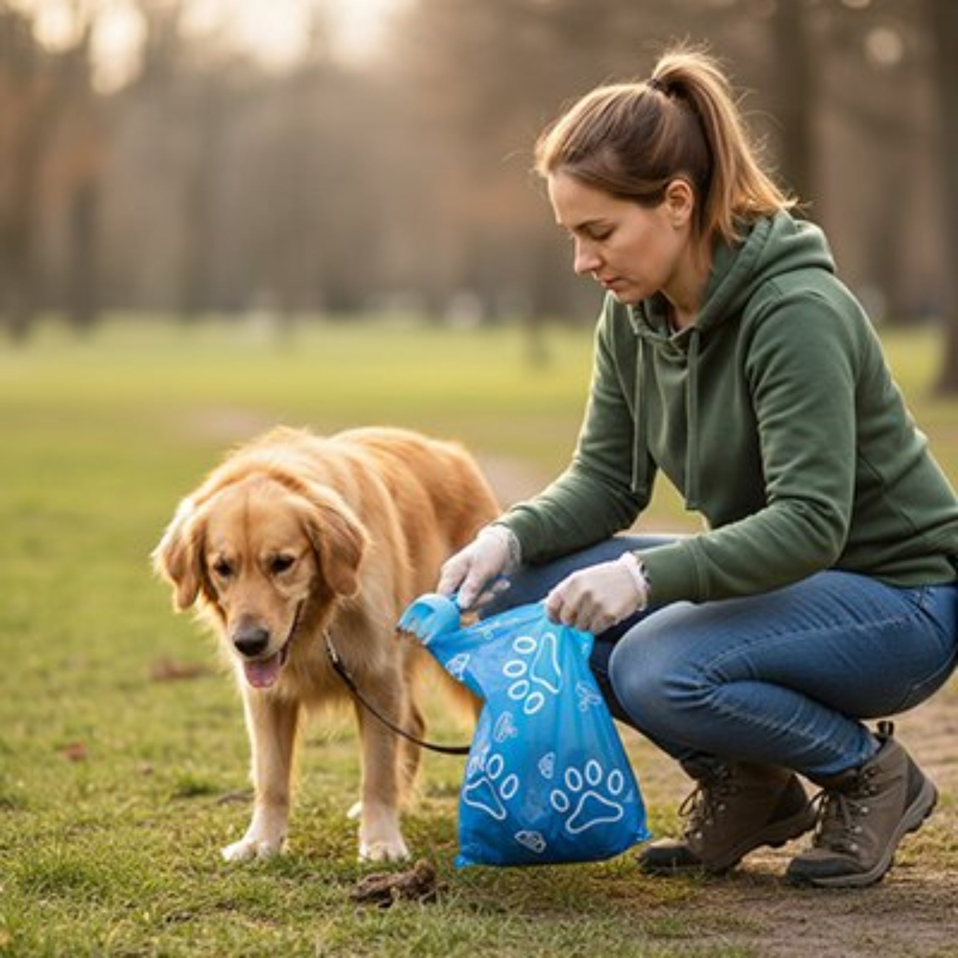 Sac à crotte EcoBalade bleu à motifs de pattes, sac noué