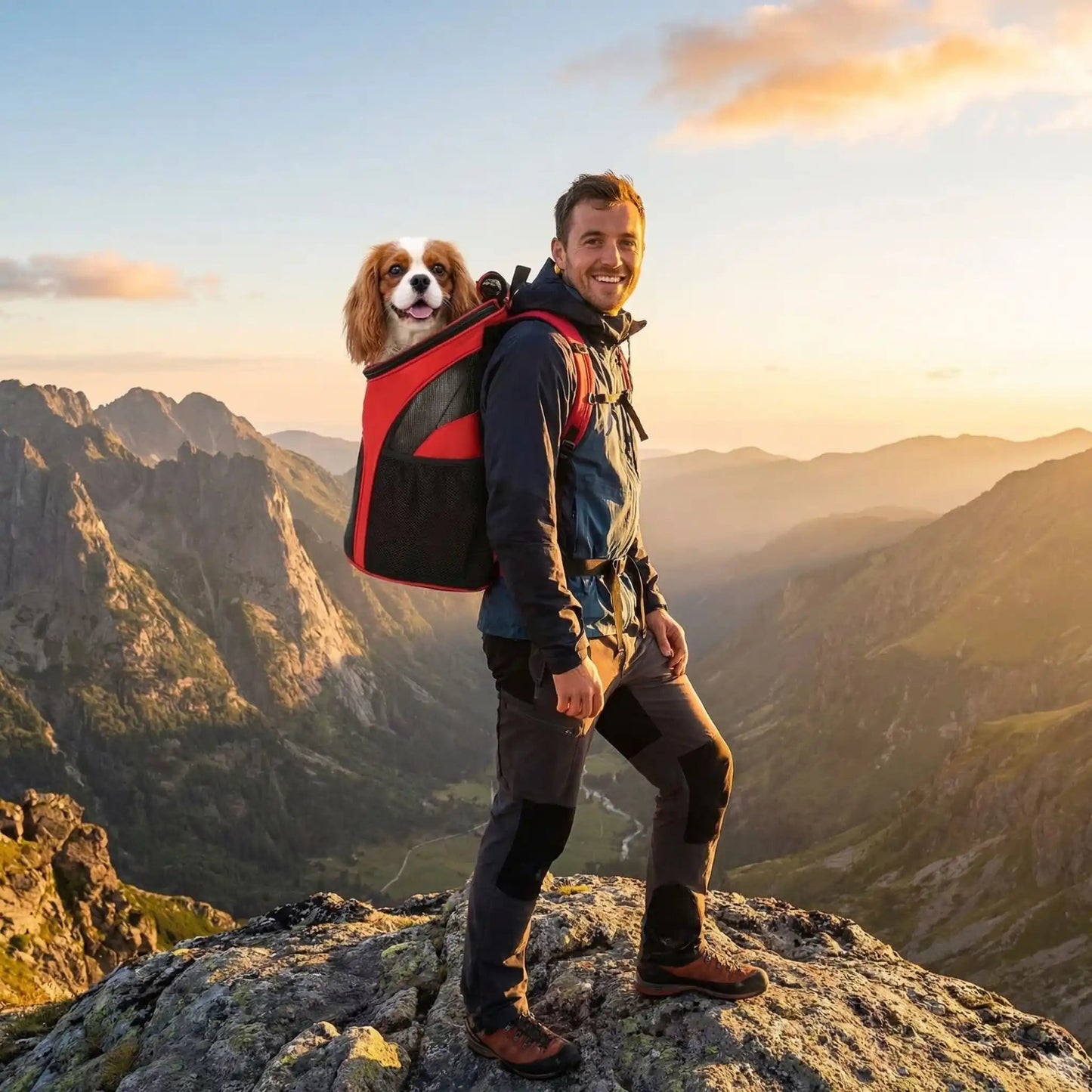 Sac à dos pour chien rouge et noir avec fenêtre en mesh et capot zippé.