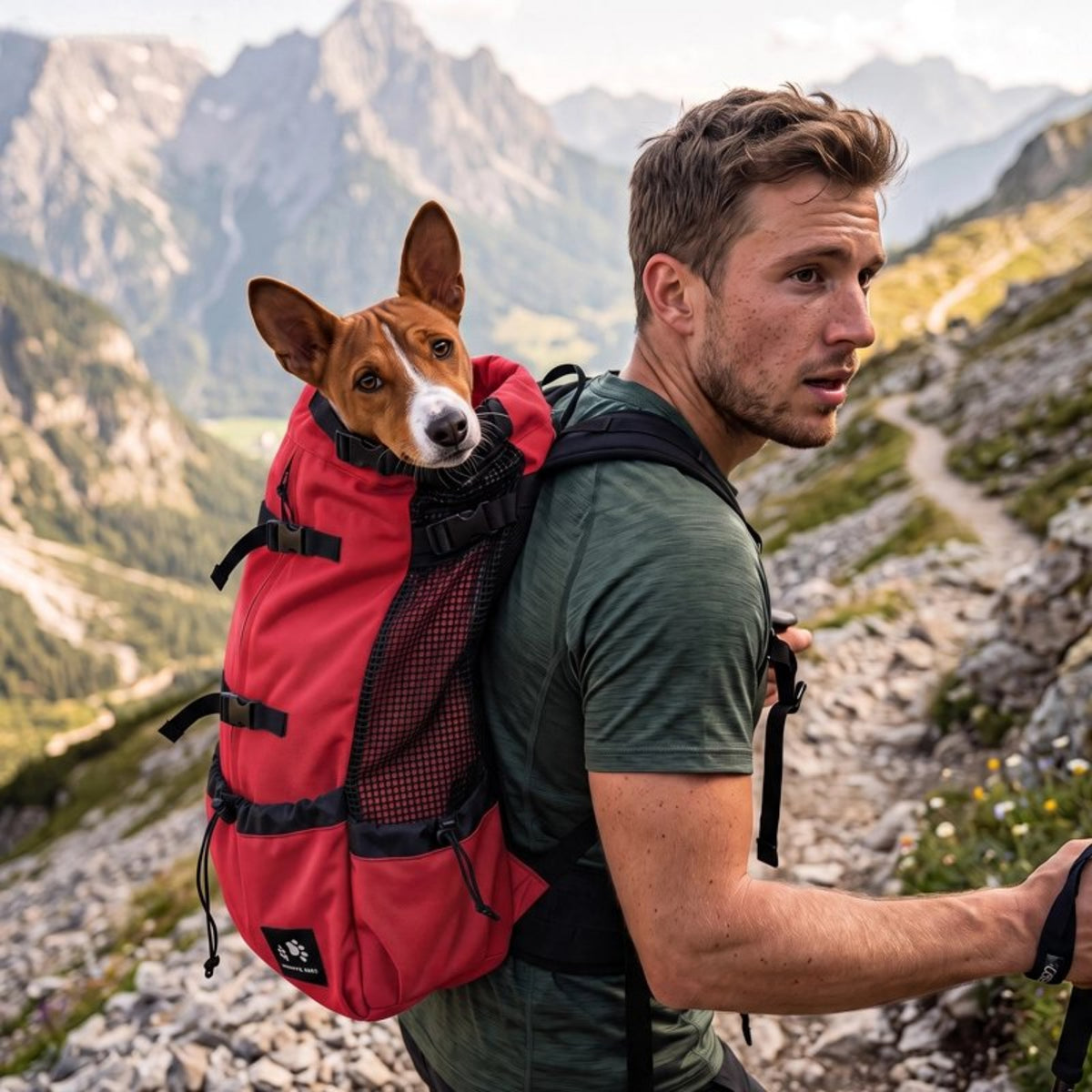 Sac à dos pour chien rouge, bretelles rembourrées et poches, chien maintenu à l’avant