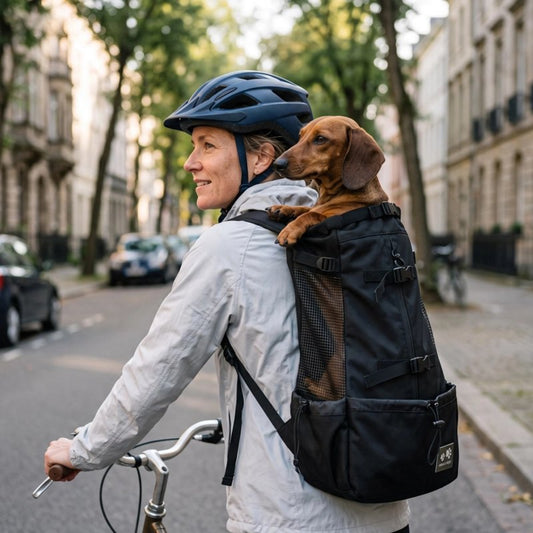 Sac à dos pour chien noir, poches et sangles, transport du chien porté sur le buste