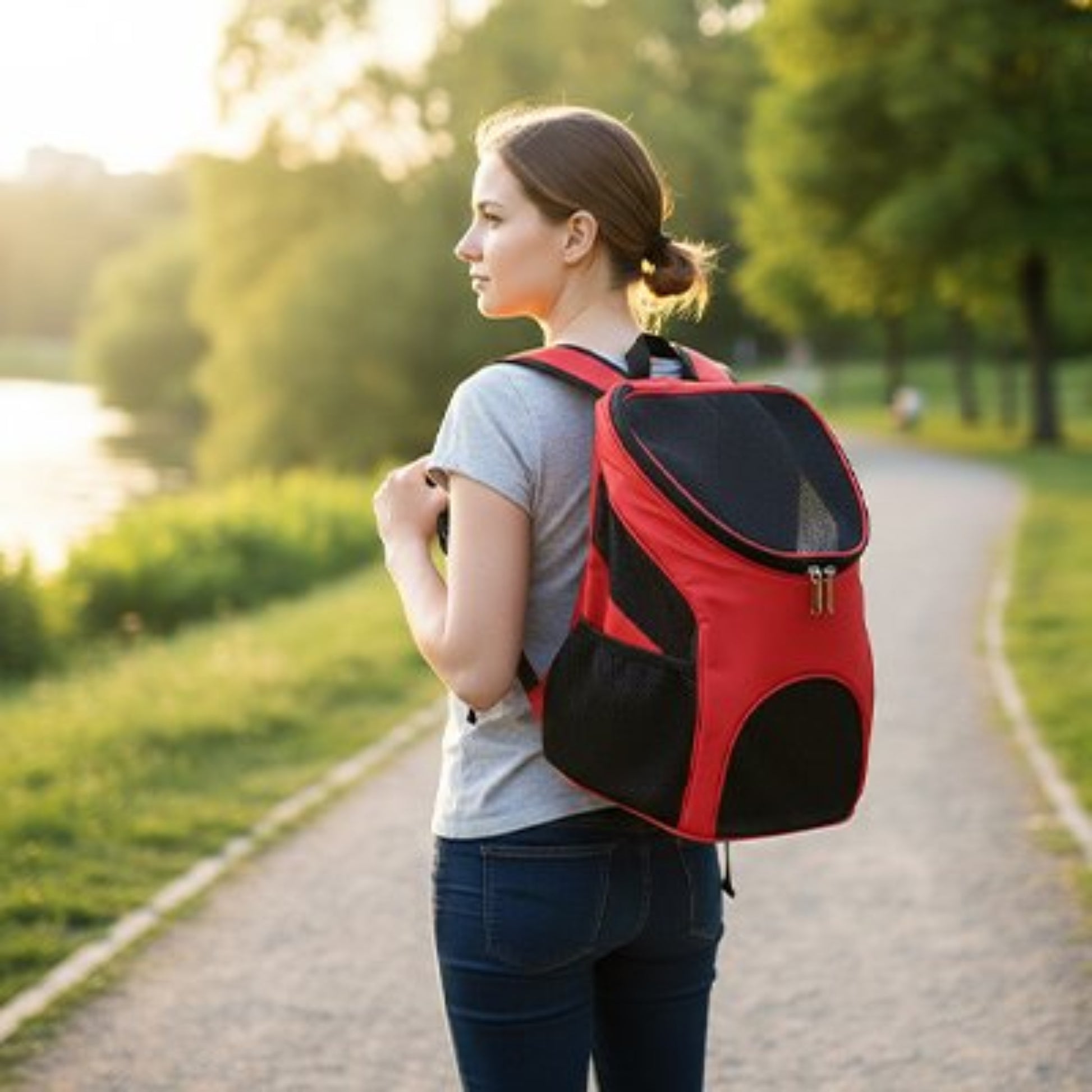 Sac à dos pour chien rouge et noir avec fenêtre ovale en mesh, bretelles ajustables.
