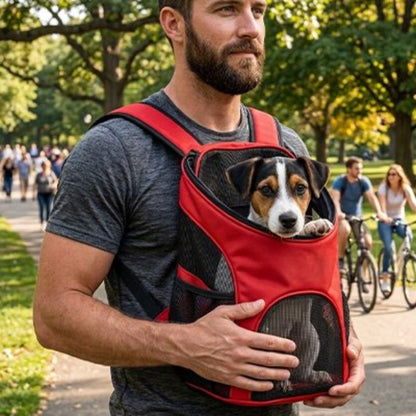 Sac à dos pour chien rouge avec panneaux en mesh noirs et ouverture sur le côté.