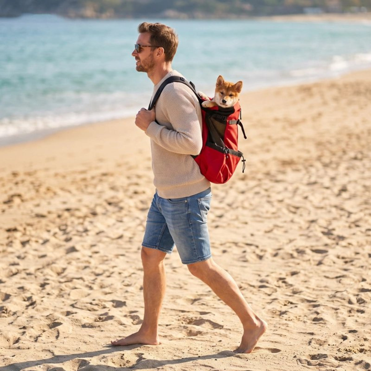 Sac à dos pour chien rouge, poche frontale et harnais de maintien, chien à l’intérieur