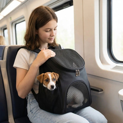 Sac à dos pour chien noir avec panneaux mesh arrondis et fermeture éclair sur le dessus.