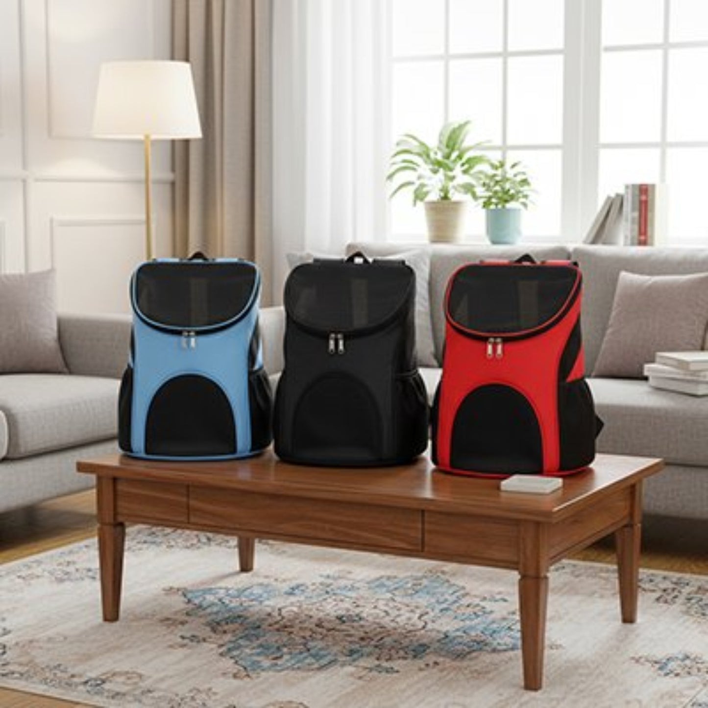 Ensemble de trois sacs à dos pour chien : bleu, noir et rouge, fenêtres en mesh.