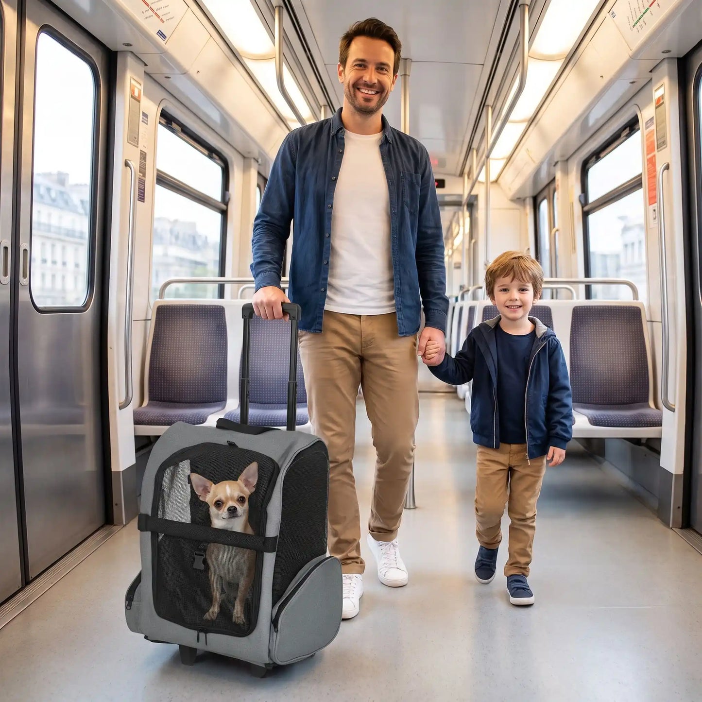 Sac à dos pour chien 2 en 1 Marc dans métro avec fils et chien heureux et souriant