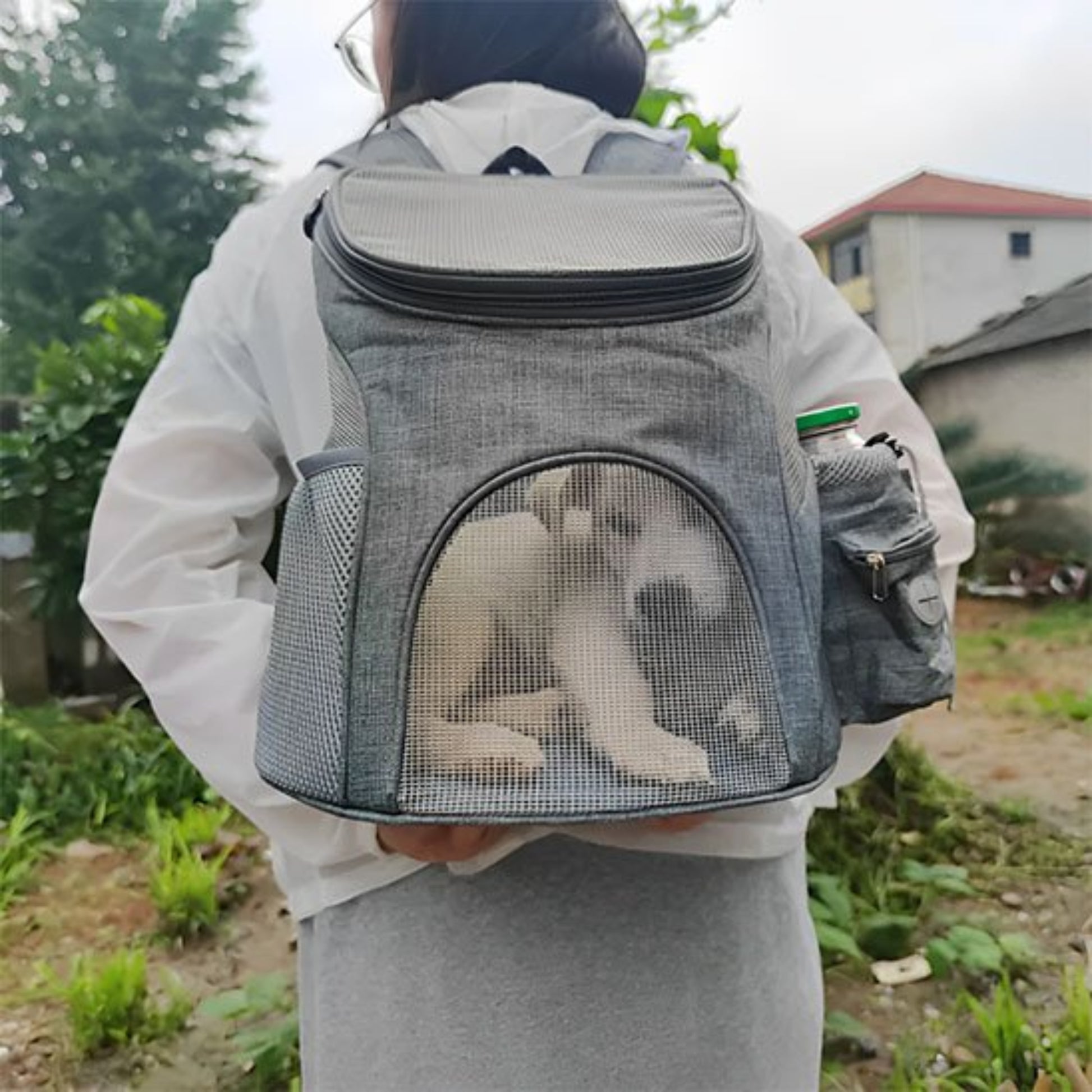 Sac à dos pour chien de moto gris, face arrière avec grande fenêtre en maille