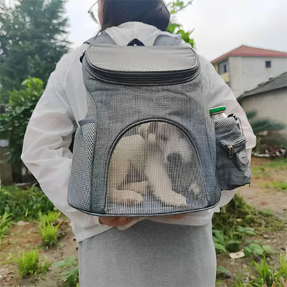 Sac à dos pour chien de moto gris, face arrière avec grande fenêtre en maille