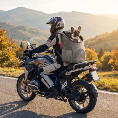 Sac à dos pour chien de moto gris, fenêtre en maille et fermeture zippée