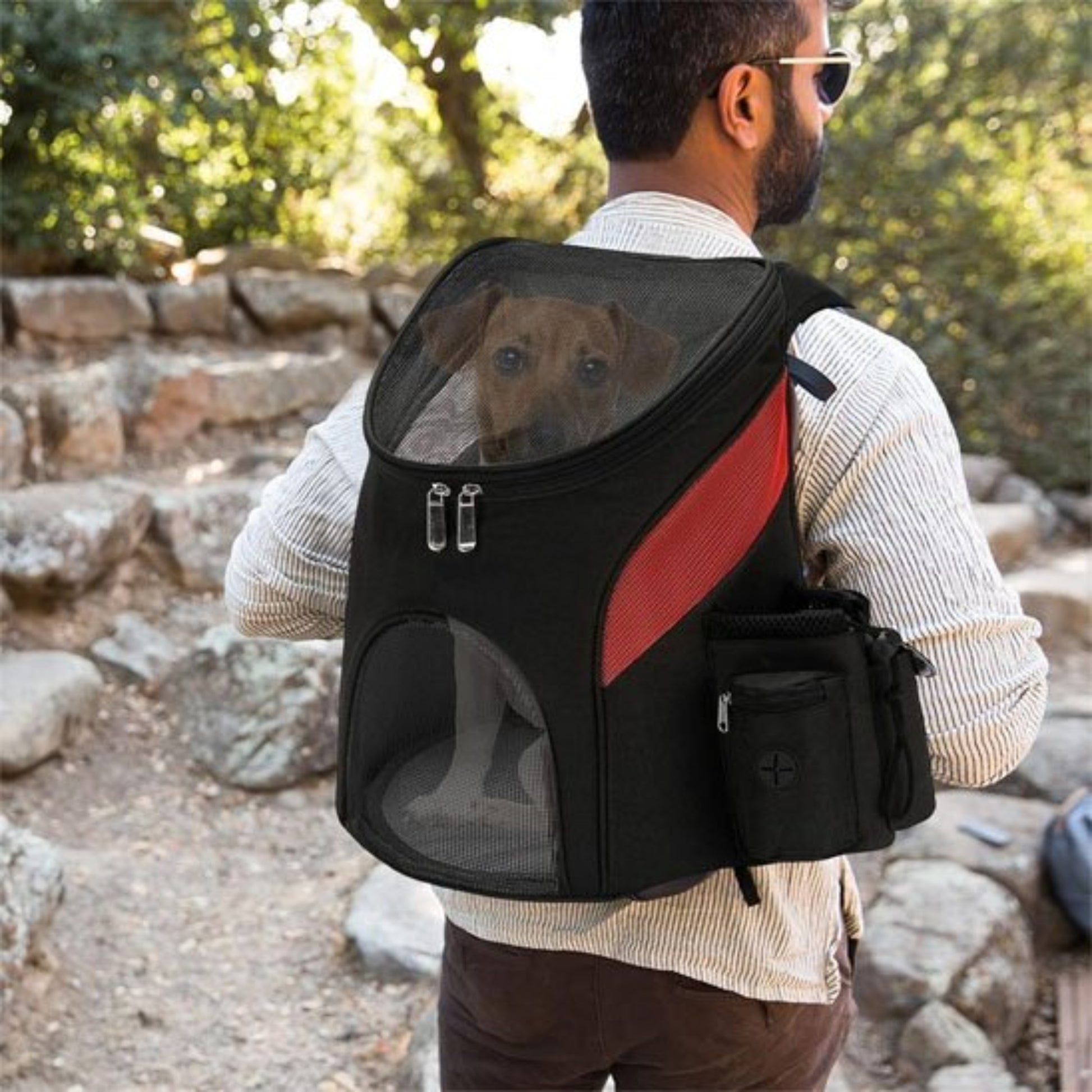 Sac à dos pour chien de moto noir et rouge, dos avec fenêtre en maille