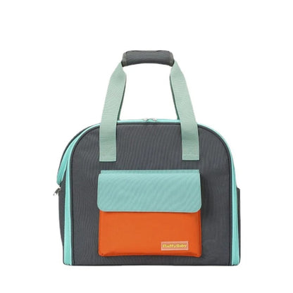 Sac de voyage pour chien vert menthe et gris, poche orange, poignée supérieure