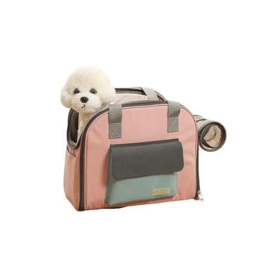 Sac de voyage pour chien rose, poches noire et menthe, anses renforcées