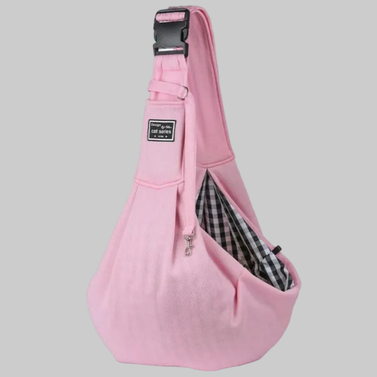 Sac de transport bandoulière pour chien rose, intérieur à carreaux et sangle réglable