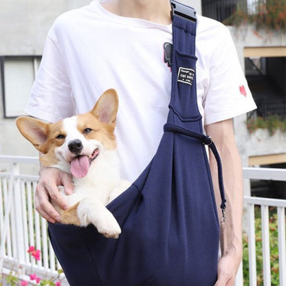 Sac de transport bandoulière pour chien bleu marine, bandoulière réglable et poche
