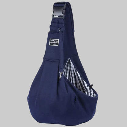 Sac de transport bandoulière pour chien bleu marine, intérieur à carreaux et attache