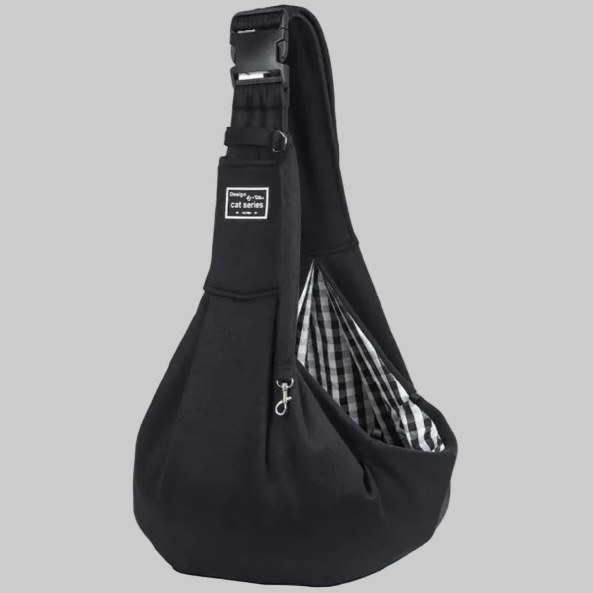 Sac de transport bandoulière pour chien noir, intérieur à carreaux et fermeture