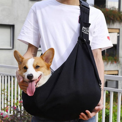 Sac de transport bandoulière pour chien noir, bandoulière réglable et poche zippée