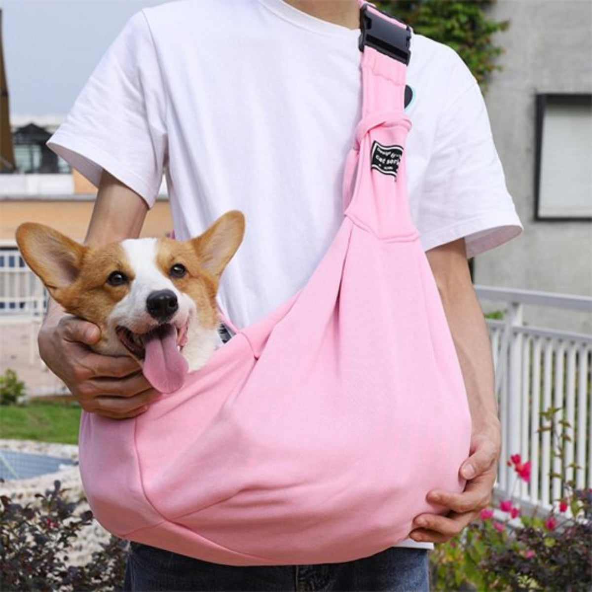 Sac de transport bandoulière pour chien rose, bandoulière réglable et attache métal