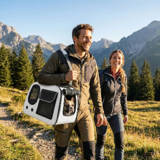 sac de transport chien en balade à la montagne