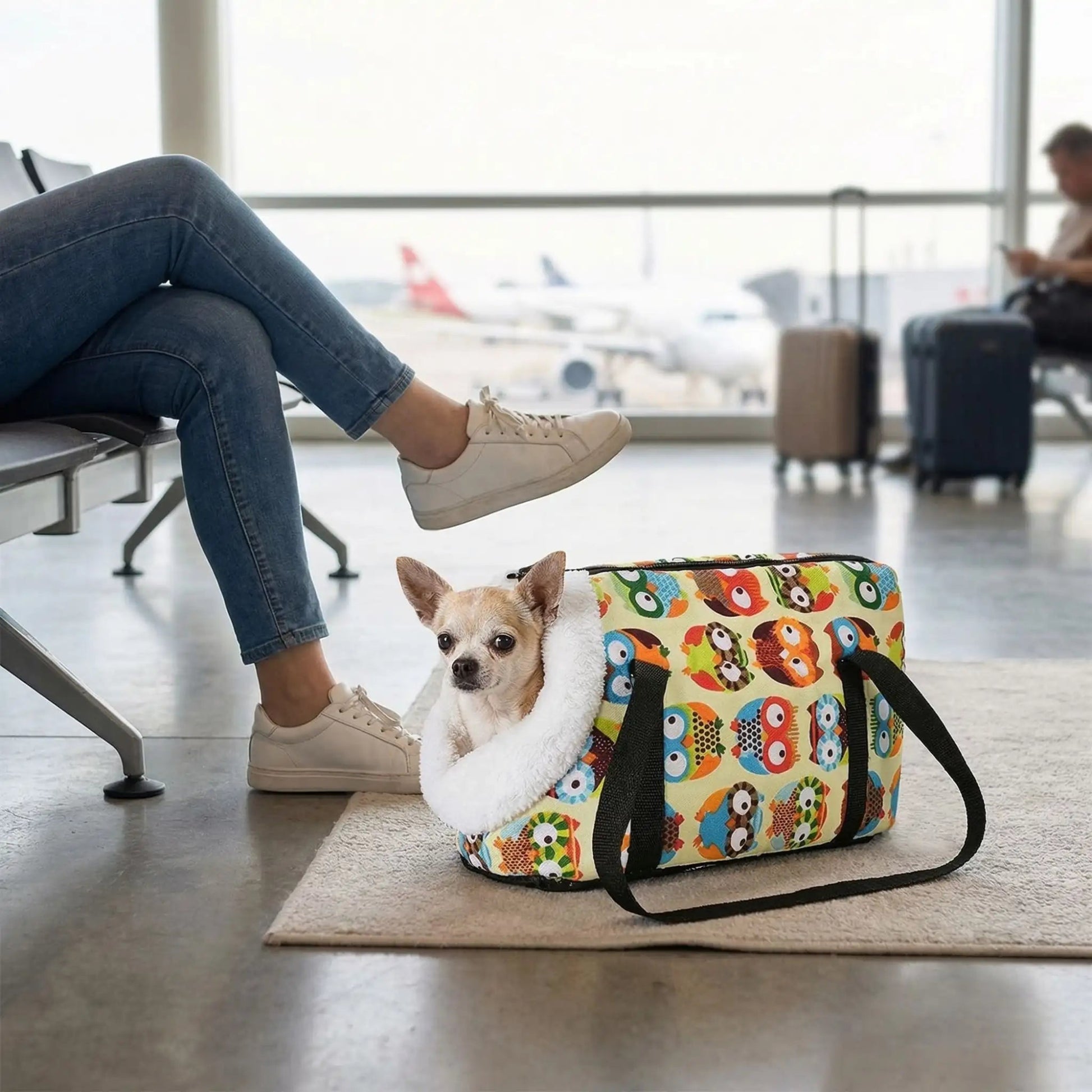 Sac de transport de chien léger motif hiboux colorés, bandoulière noire