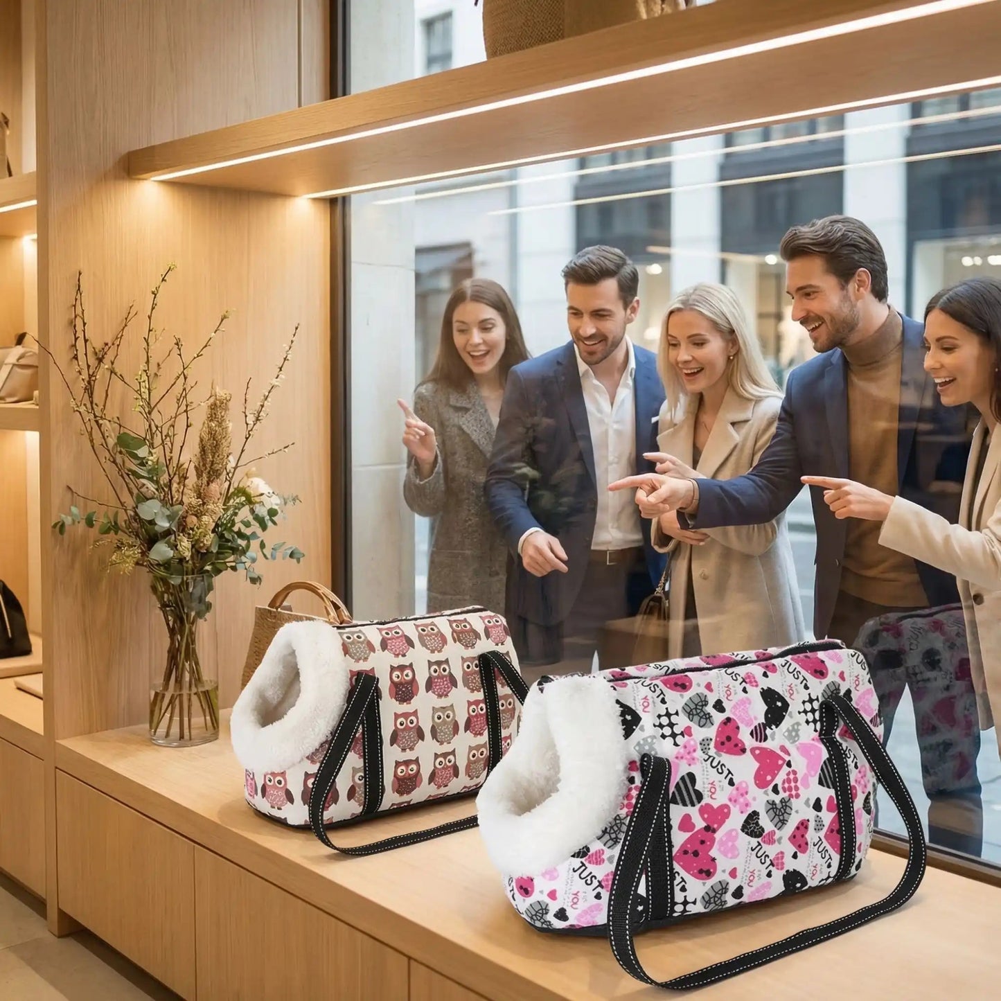Deux sacs de transport de chien léger, motifs hiboux et cœurs, anses noires