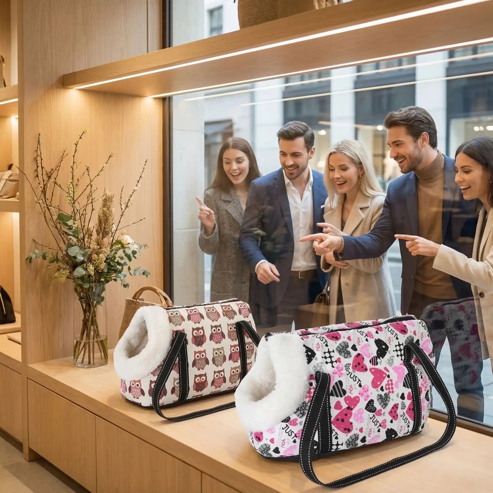 Deux sacs de transport de chien léger, motifs hiboux et cœurs, anses noires