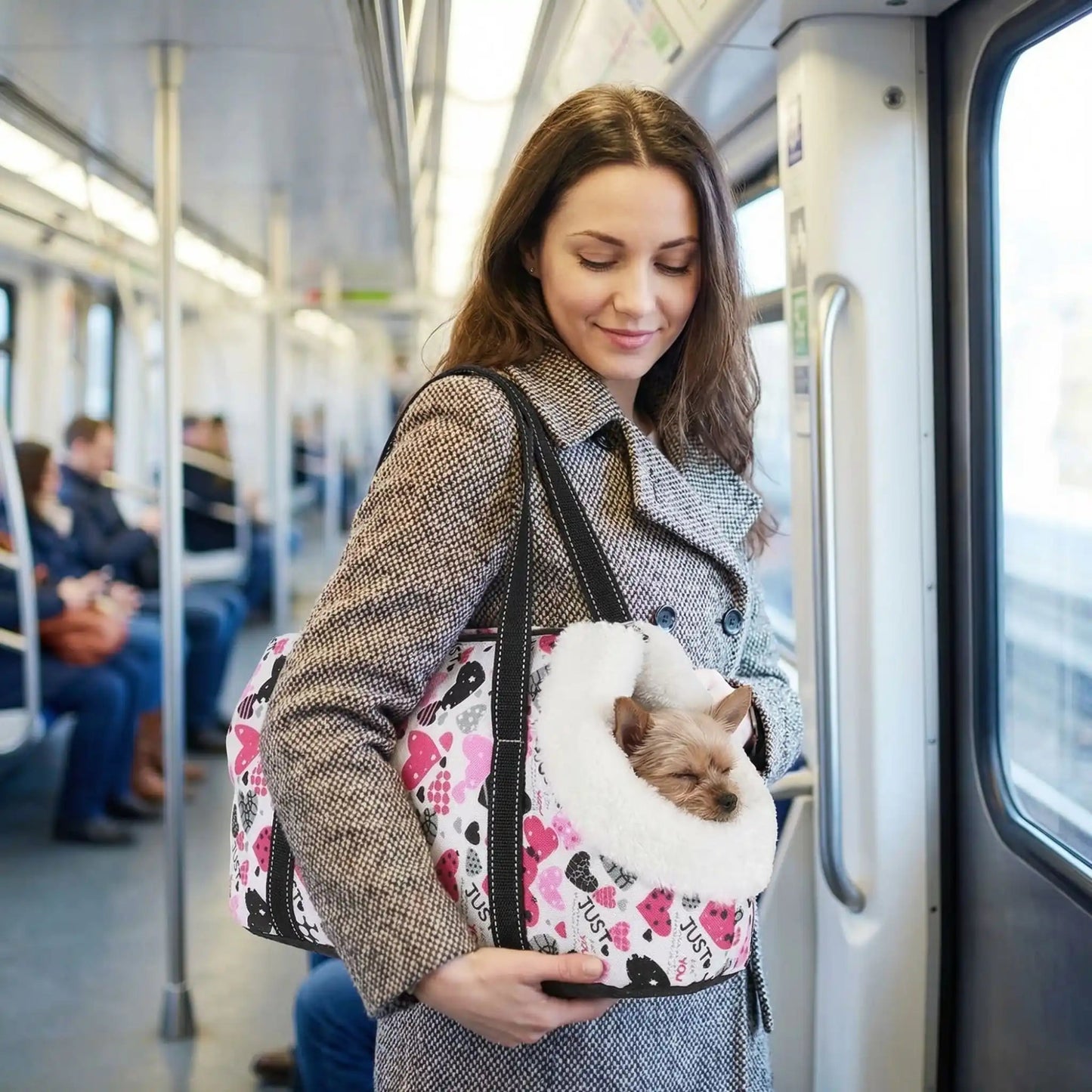 Sac de transport de chien léger à motif cœurs, poignées noires et fermeture
