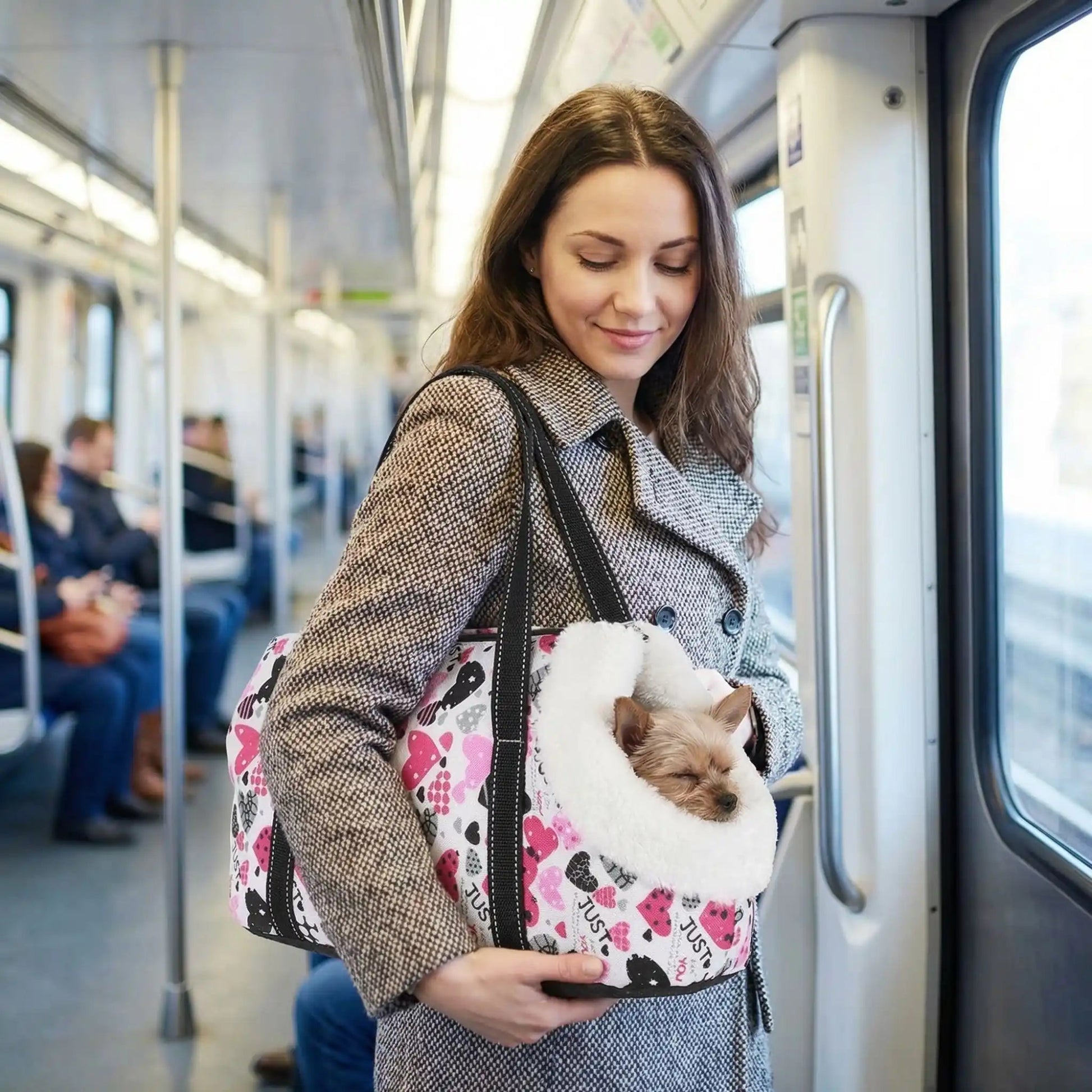 Sac de transport de chien léger à motif cœurs, poignées noires et fermeture