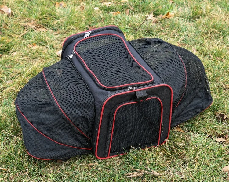 Sac de transport extensible pour chien noir à bordures rouges, panneaux en maille et fermeture