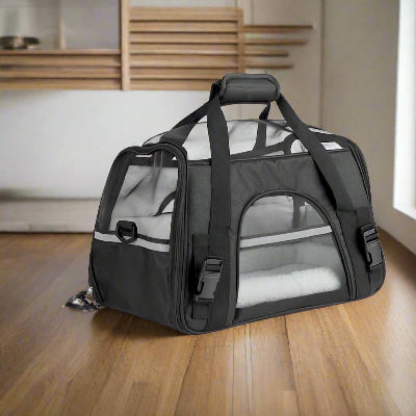 Sac de transport pour chien noir avec fenêtre en maille et poignées renforcées